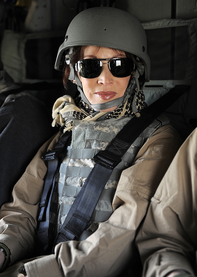Sandra Brown on USO tour in helicopter